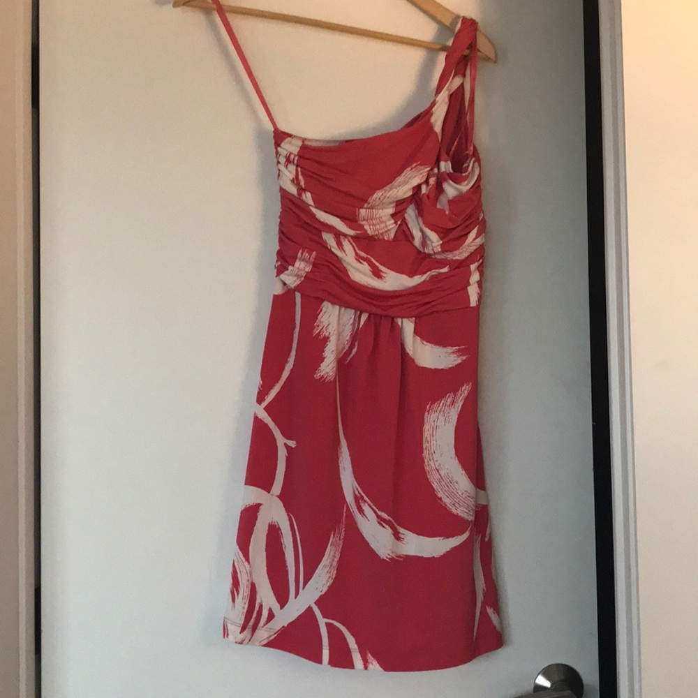 BCBG one shoulder mini dress- coral and white